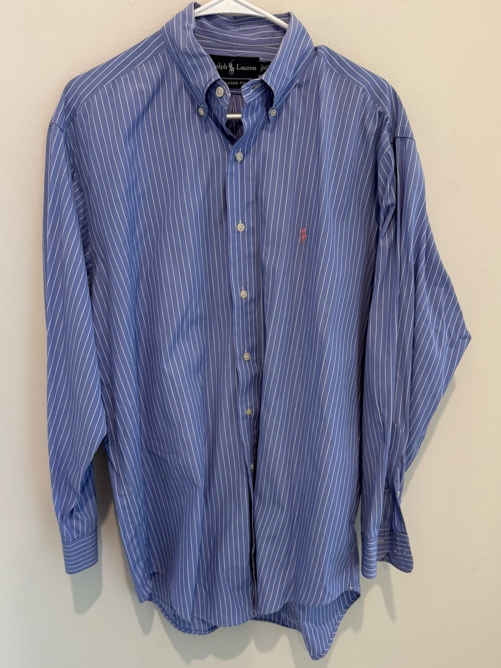 Ralph Lauren Blue Stripe Button-Down Shirt with Pink Pony